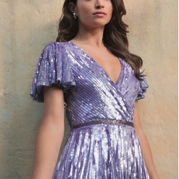 MAC DUGGAL 5637 FLORAL SEQUINS FLOUNCE V-NECK LILAC GOWN sz 6 - Picture 5 of 9